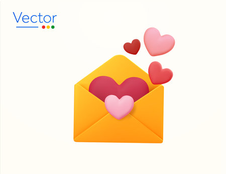 3d opened envelop or letter with hearts flying up, isolated on white background. Design concept for social, romance, valentine, gift, couple, love, decoration, messages. 3d vector illustration. Vector illustrationのイラスト素材