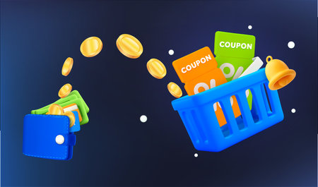 3d shopping bag with vouchers, coupons, notification bell, wallet, dollars, banking credit cards, flow of coins, isolated on background. Design concept for cashback, promo, sale 3d vector illustration. Vector illustrationのイラスト素材