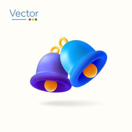 3d notification bells in blue and purple, minimal style, isolated on white background. Design concept for social, decoration, christmas, gift, celebration. 3d vector illustration. Vector illustrationのイラスト素材
