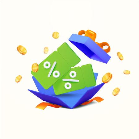 3d opened or exploded box with vouchers, coupons coins, ribbons, isolated on white background. Concept for discount banner, gift, sale off, black friday, profit, cash back. 3d vector illustration. Vector illustrationのイラスト素材