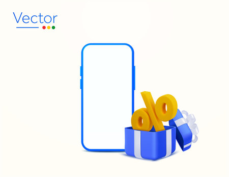 3d smartphone with opened gift box and percentage icon, isolated on white background. Concept for shopping discount banner, offer, gift, sale off, value, online. 3d vector illustration. Vector illustrationのイラスト素材