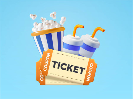 3d couple movie coupon tickets, paper glass drinks, popcorn, isolated on background. Concept for...