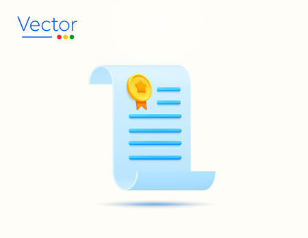 3d document, contract, certificate, diploma, license with medal icon, isolated on white background. Concept for graduation, student, expert. 3d vector illustration. Vector illustrationのイラスト素材