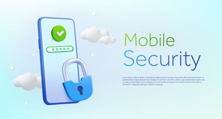3d flying smartphone with green checkmark, password, blud security lock in the sky, white clouds, isolated background. Banner template for cloud data safety, anti maleware, personal data illustration. Vector illustrationのイラスト素材