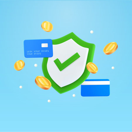 3d green shield with checkmark, banking credit cards, coins, isolated on background. Secured transaction banner concept, safe finance account, shopping and payment vector illustration. Vector illustrationのイラスト素材