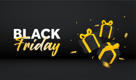 Black friday sale banner with gift boxes, golden ribbons and confetti effect. 3d gift box icon isolated on background. Big promotion, premium sale off event. Vector illustration. Vector illustrationのイラスト素材