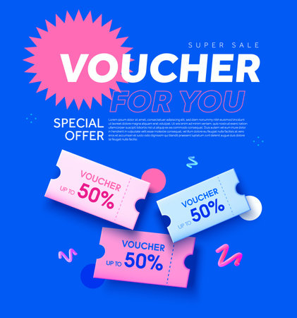 Voucher for you banner template with 50 percent coupons. Special price offer event advertising concept. 3d rendered gift vouchers isolated on background. 3d vector illustration. Vector illustrationのイラスト素材