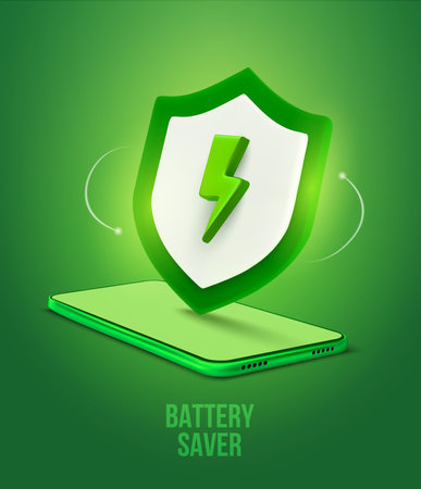 3d phone battery saver banner template with phone and energy shield icon. 3d rendered smartphone and energy shield icon isolated on background. Vector illustration. Vector illustrationのイラスト素材