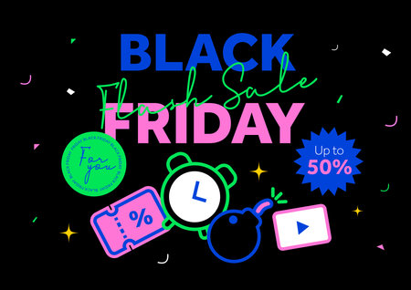 Black Friday super sale banner template with coupon, clock, bomb, video player. Special price offer with voucher. Premium promotional event gift card. 2D vector illustraiton. Vector illustrationのイラスト素材