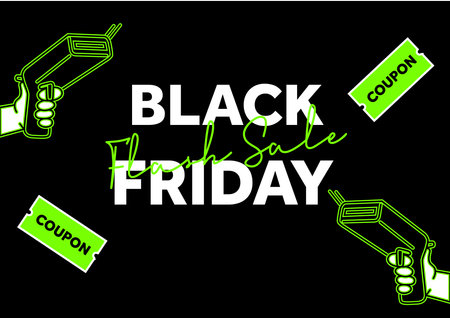 Black friday flash sale banner with money machine gun firing coupons. Printing vouchers coming out. Coupon icon isolated background. Special price off event poster. Vector illustration. Vector illustrationのイラスト素材
