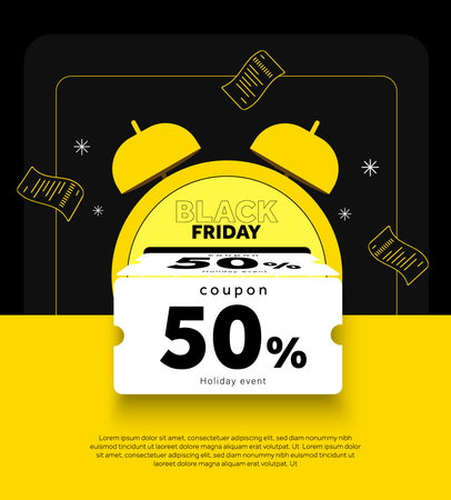 Black friday special deal banner template with coupons are being printed, coming out from alarm clock. Premium 50 percent price off gift card or poster. Flat voucher vector illustration. Vector illustrationのイラスト素材