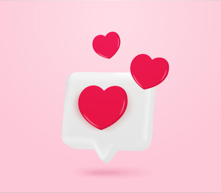 3d love chat box icon with flying hearts, isolated on background 3d rendered heart emoticon for livestream, social media. Chat bubble with love symbol. Vector illustration. Vector illustrationのイラスト素材