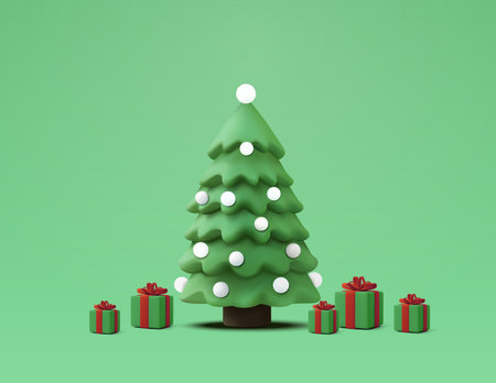 3d christmas scene banner template with noel decorated tree, ornaments, green gift boxes, red ribbon, isolated on background. Christmas gift card concept. 3d rendered noel tree. Vector illustration. Vector illustrationのイラスト素材