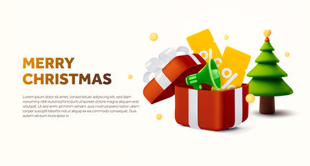 3d merry christmas sale promotional banner template with gift box, coupon and pine tree. Christmas price off event gift card. 3d rendered gift box, voucher, pine tree, isolated. Vector illustration. Vector illustrationのイラスト素材