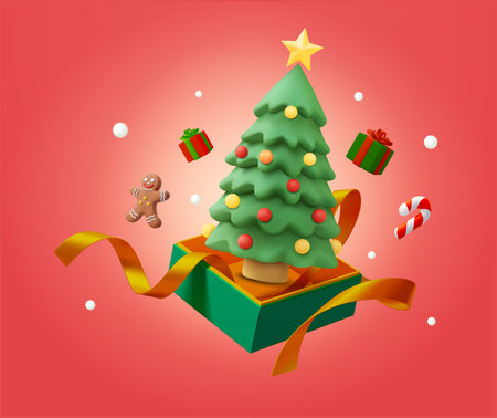 3d christmas gift banner concept with gift boxes, golden ribbon, decorated noel pine tree, gingerbread man, candy, isolated on background. 3d rendered, isolated on red background. Vector design. Vector illustrationのイラスト素材