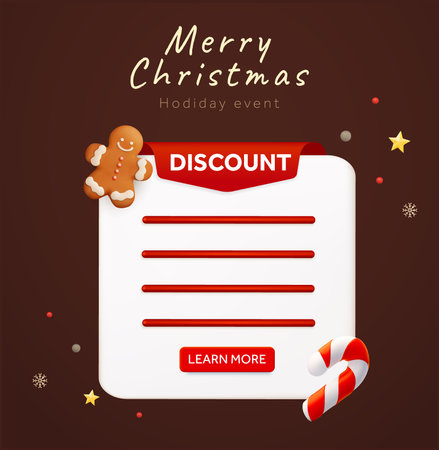 3d advertising popup dialog with christmas decoration style, gingerbread man, candy cane, call to action button. 3d rendered popup dialog isolated on background. Vector illustration. Vector illustrationのイラスト素材