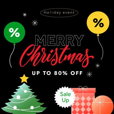 Merry Christmas coupon special price offer banner template with pine tree, gift box, ornament, bubbles, isolated on dark background. Cute voucher gift card concept. Flat Vector illustration. Vector illustrationのイラスト素材