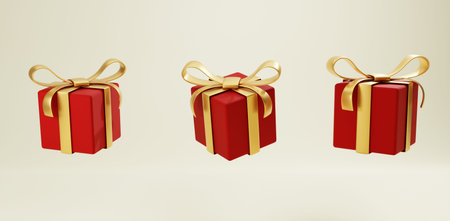 3d rendered red gift box with golden ribbon, different point of views, isolated on background. Merry...