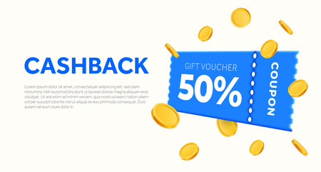 3d cashback giveaway banner template with gift voucher or coupon, golden coins flying around. Special price off event background. 3d voucher vector illustration. Vector illustrationのイラスト素材