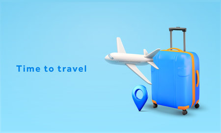 Travel and booking background template with 3d airplane, suitcase, map marker pin icon. Tour, resort and hotel booking banner concept. 3d Vector illustration. Vector illustrationのイラスト素材
