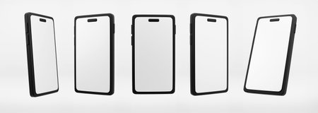3D smartphone mockup. Set of 3d borderless smartphones with dynamic island on screen, isolated on white background. Smartphone icon set. High quality illustrationの写真素材