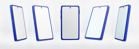 3D smartphone mockup. Set of 3d borderless smartphones with top dot or mole on screen, isolated on...