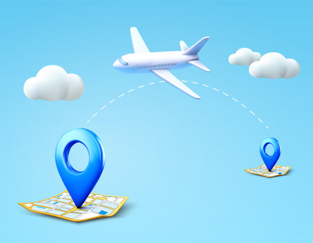 Around the world travelling by plane, airplane trip in various country, travel pin location on a global map. 3D destination, travel and logistics. banner template. 3D vector illustration. Vector illustrationのイラスト素材