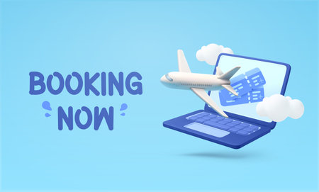 Tour online booking banner template with 3d airplane, couple of flight tickets, laptop, clouds. Vacation and ariel travel application banner background. 3d vector illustration. Vector illustrationのイラスト素材