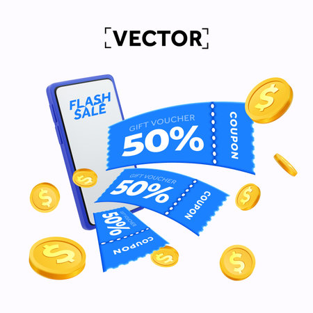 3d coupons and vouchers giveaway banner template with coupons and golden coins flying out of smartphone. Flash sale banner design, isolated elements. 3d vector illustration. Vector illustrationのイラスト素材