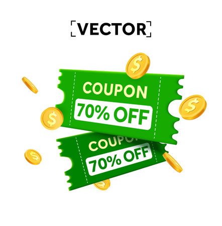 3d couple of green coupons with promotional code percentage with golden coins. 3d coupon, 3d voucher icon. Gift voucher and gold coin template. 3d vector illustration. Vector illustrationのイラスト素材
