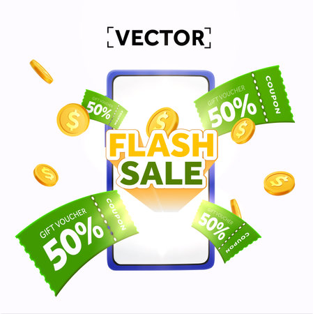 3d flash sale banner template with flying coupons, smartphone with flash sale screen, dollar coins, isolated on background. Black Friday, special sale event background. 3d coupon. 3d Vector. Vector illustrationのイラスト素材