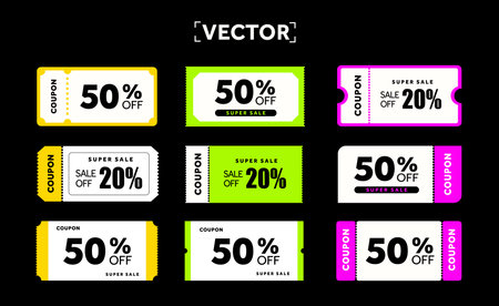 Special set of coupons template with coupon code, percentage off. Voucher icon set, isolated on dark background. Coupon code set. Vector illustration. Vector illustrationのイラスト素材