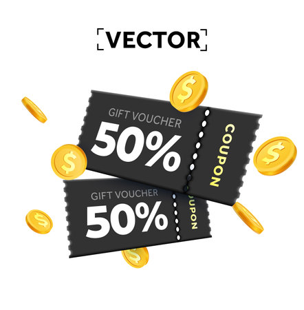 3d couple of premium black coupons with coupon code, golden coins. Promotional event with coupons or vouchers, percentage off. Gift voucher and gold coin dollar sign template. 3d vector illustration. Vector illustrationのイラスト素材