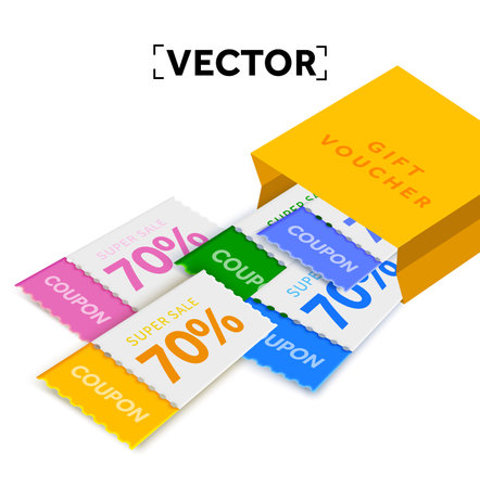 3d coupons give away with coupon code, percentage off with shopping bags, isolated on white background. Gift voucher banner template. Vector illustration. Vector illustrationのイラスト素材