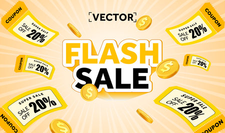 3d flash sale banner template with flying coupons and coins, isolated on background. Voucher giveaway poster. Coupon code offer with sale off event. Vector illustration. Vector illustrationのイラスト素材