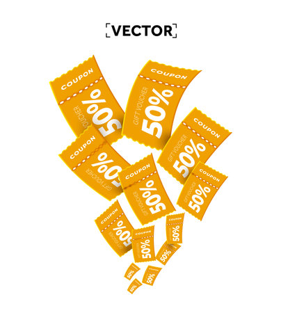 Voucher card sale off background with coupon code promotion. 3d minimal yellow coupon flying up, isolated on white background. Gift voucher. 3d vector coupon, voucher and exchange. Vector illustrationのイラスト素材