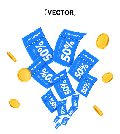 Voucher card sale off background with coupon code promotion. 3d minimal coupon flying up with golden coin, isolated on white background. Gift voucher. 3d vector coupon, voucher and exchange. Vector illustrationのイラスト素材