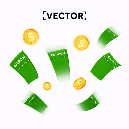3d coupon flying up with motion blur and golden coins, isolated on white background. Voucher with coupon code giveaway banner template. 3d Vector illustration. Vector illustrationのイラスト素材