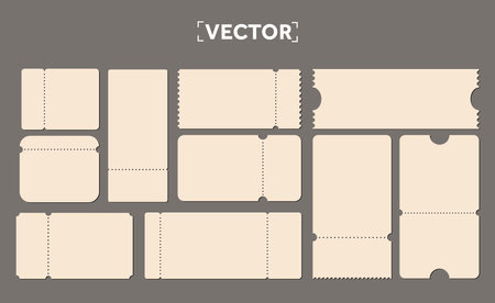 Set of blank ticket templates in light brown. Realistic cardboard coupons collection with borders of different shapes on empty tickets template, voucher for theatre or cinema seats, boarding airplane. Vector illustrationのイラスト素材