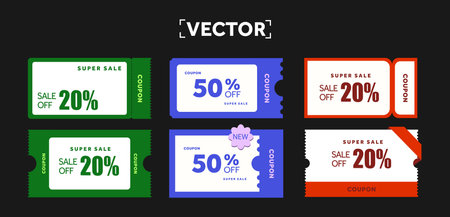 3d pack of coupons with different percentage off, coupon code. Coupon set isolated on dark...