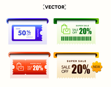 3d pack of printing coupons with different color, shopping icon, barcode and shape, coupon code. Coupon set isolated on white background. Voucher from mailbox template. 3d Vector illustration. Vector illustrationのイラスト素材