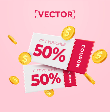 3d couple of pink coupons with coupon code, golden coins. Special giveaway with coupons or vouchers, percentage off. Gift voucher and gold coin dollar sign template. 3d vector illustration. Vector illustrationのイラスト素材
