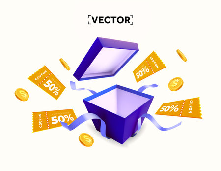 3d coupons flying out from opened gift box with golden coins and ribbon, isolated on white background. Suprised gift box with discount vouchers and cashback banner template. Vector illustrationのイラスト素材