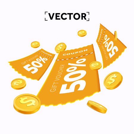 Orange voucher card sale off background with coupon code promotion. 3d minimal coupon flying out with golden coin, isolated on white background. Yellow voucher. 3d vector coupon, voucher and exchange. Vector illustrationのイラスト素材