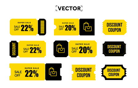3d pack of coupons in yellow color, shopping icon, barcode and shape, coupon code. Coupon set isolated on white background. Voucher template for special promotion. 3d Vector illustration. Vector illustrationのイラスト素材