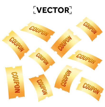 3d flying golden coupons with coupon code, isolated on white background. Rain of yellow coupons. 3d Vouchers for special promotion, price off event. Vector illustration. Vector illustrationのイラスト素材
