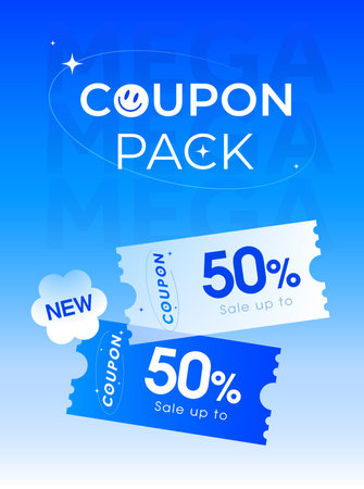 3d coupons in blue and white with coupon code, percentage off, isolated on light blue background. Discount vouchers for black Friday banner template. 3d vector illustration. Vector illustrationのイラスト素材