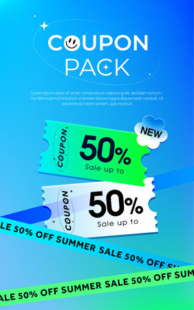 3d coupons in green and white with coupon code, percentage off, isolated on light blue background....