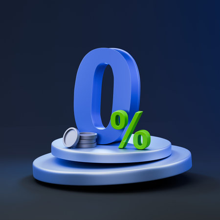 0 percent 3d render in metal style with coins on stage, podium and dark background. Zero percent interest rate for banking loan and credit shopping banner background. 3d number letter. High quality illustrationの写真素材