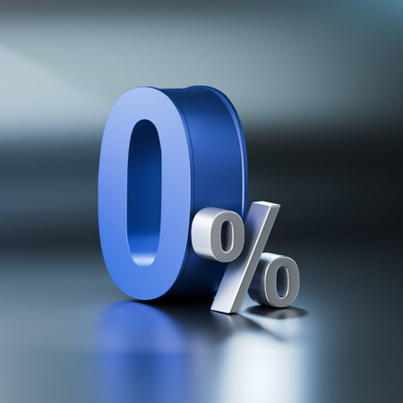 0 percent 3d render in metal style, blue color on floor with reflection. Zero percent interest rate for banking and credit shopping banner background. 3d number letter. High quality illustrationの写真素材